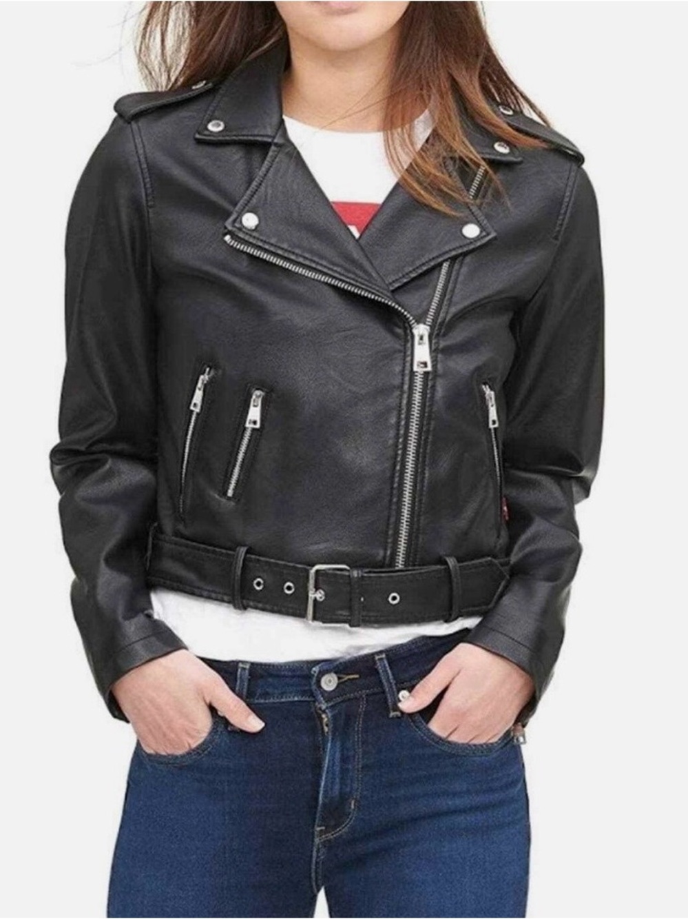 Levi's Women's Faux Leather Belted Motorcycle Jacket asymmetrical zipper Size S